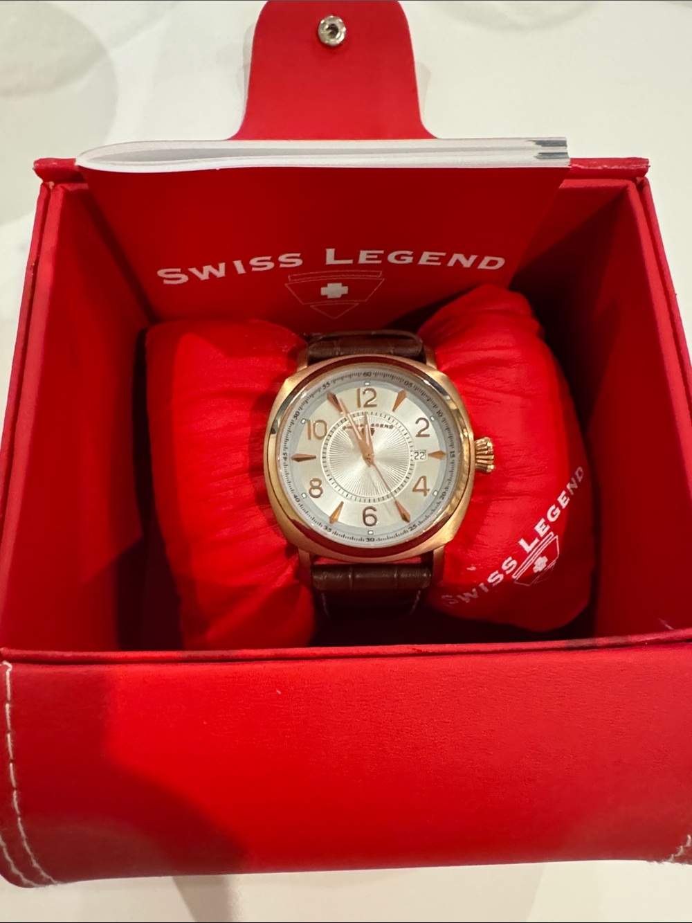 Swiss Legend rose gold watch, brown croc strap. Needs battery.